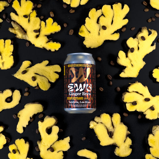 Lata de EWU Ginger Brew rodeada de jengibre y granos de café