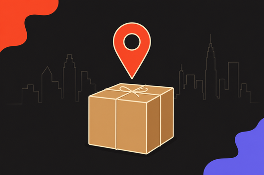 Ilustracion de una caja de envio con un pin de ubicacion sobre un skyline de ciudad