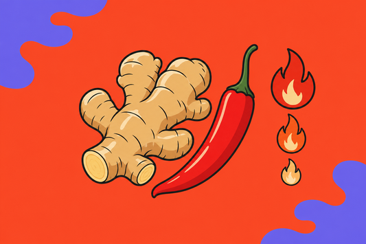 Ilustracion de una raiz de jengibre y un aji rojo junto a una escala de 3 llamas que representa el nivel de picor