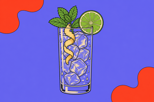 Ilustracion de un vaso de coctel con hielo, rodaja de limon, menta y una tira de jengibre