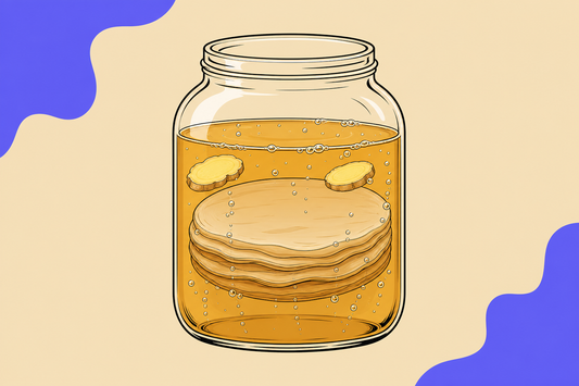 Ilustracion de un frasco de vidrio con un cultivo SCOBY en capas dentro de liquido burbujeante junto a rodajas de jengibre