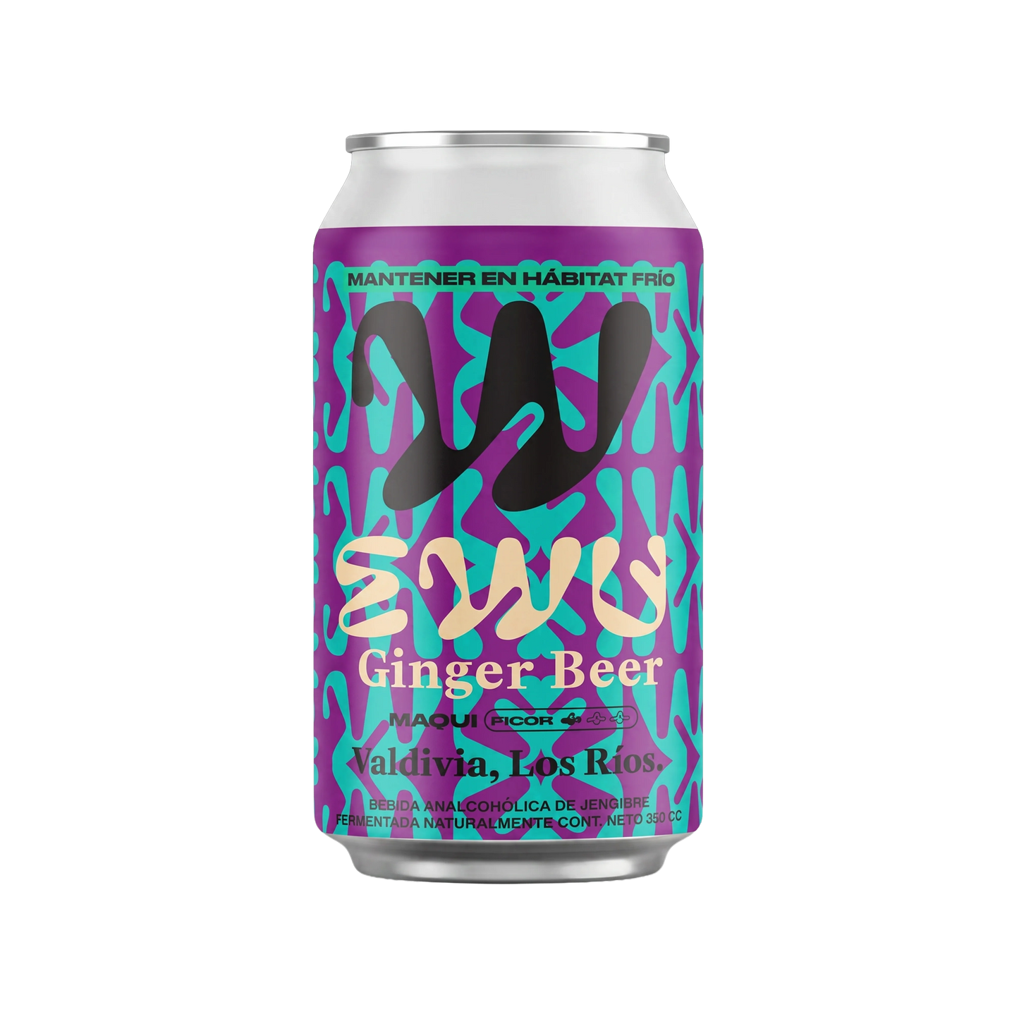 Lata de EWU Ginger Beer sabor Maqui, 350 cc, elaborada en Valdivia