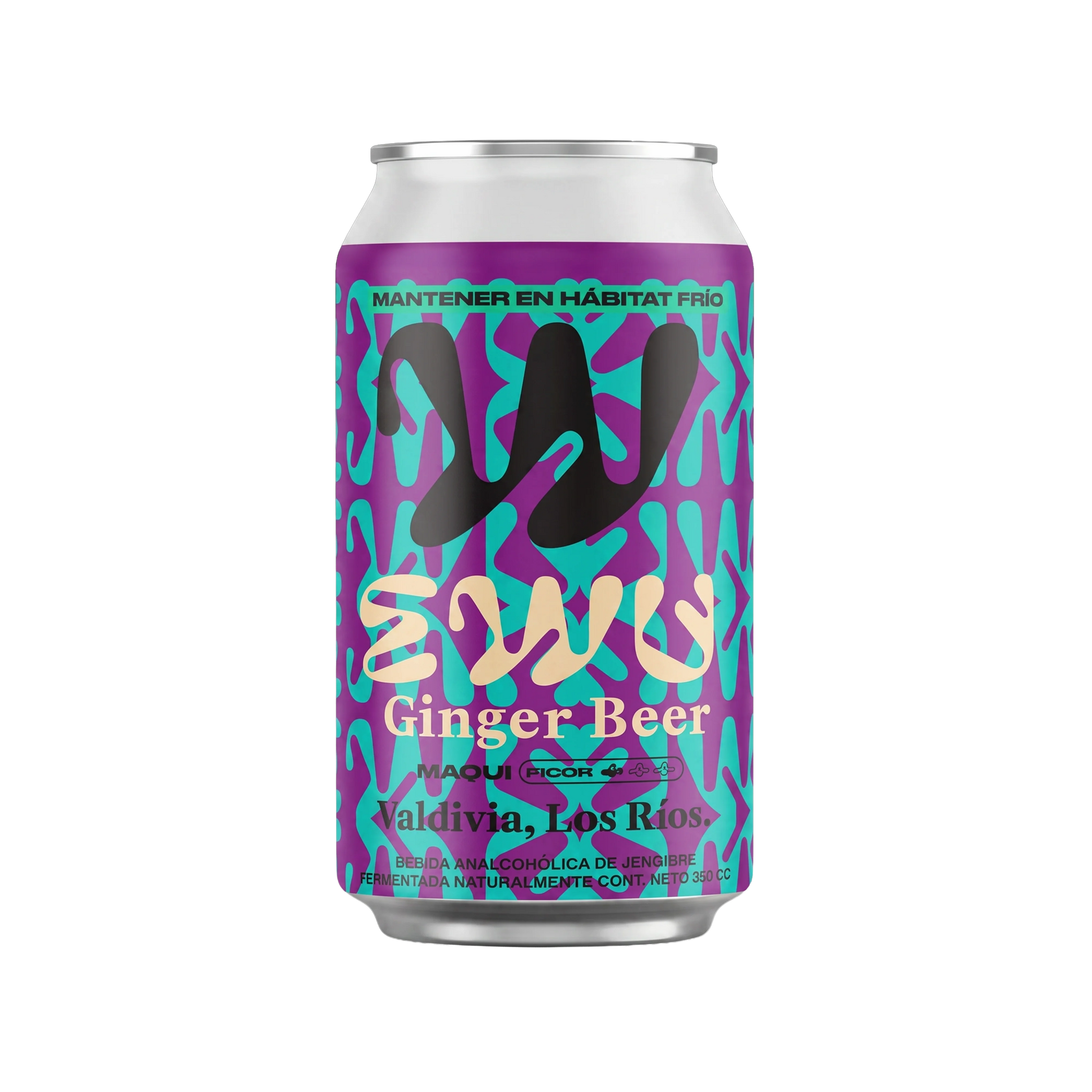 Lata de EWU Ginger Beer sabor Maqui, 350 cc, elaborada en Valdivia