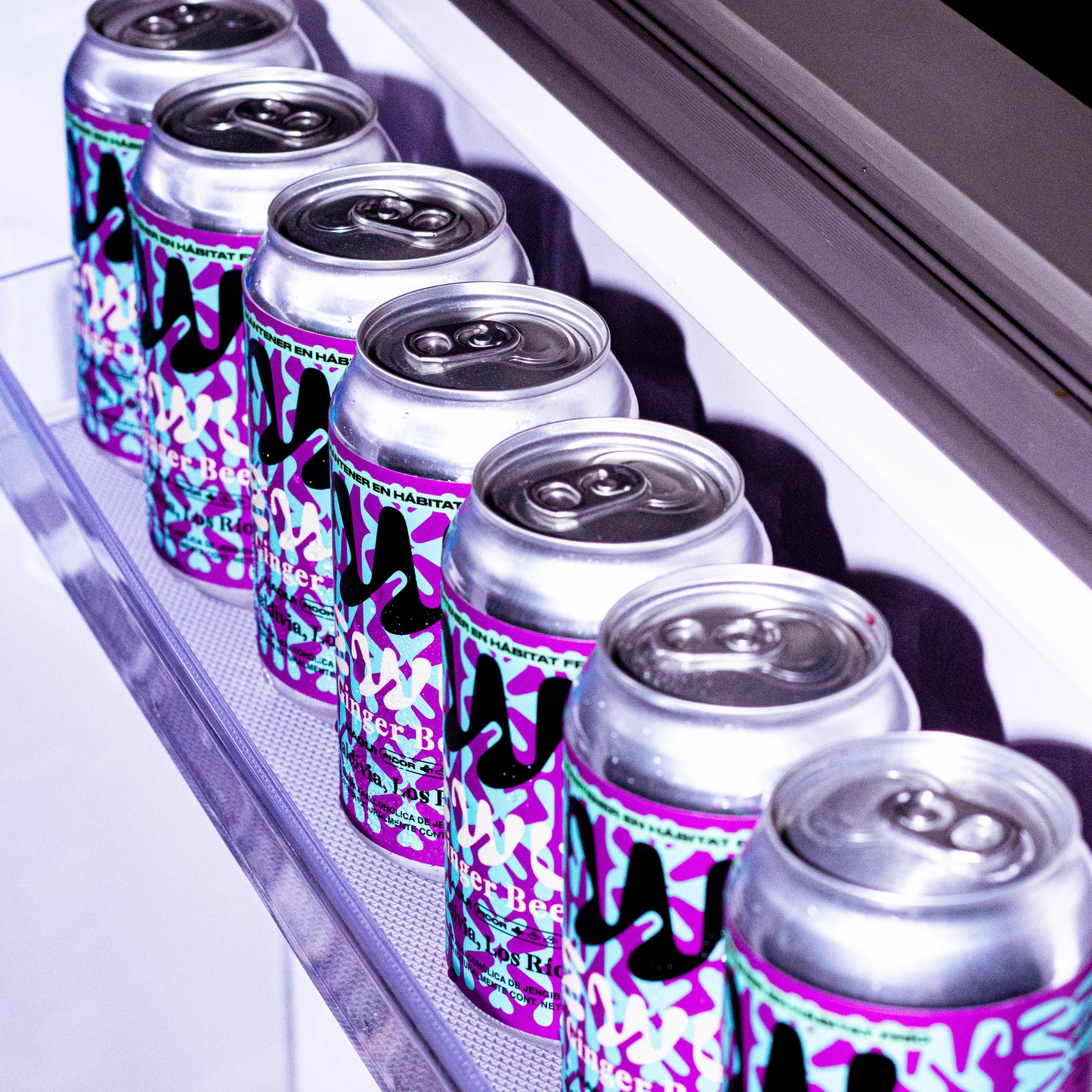 Fila de latas de EWU Ginger Beer Maqui en una vitrina refrigerada