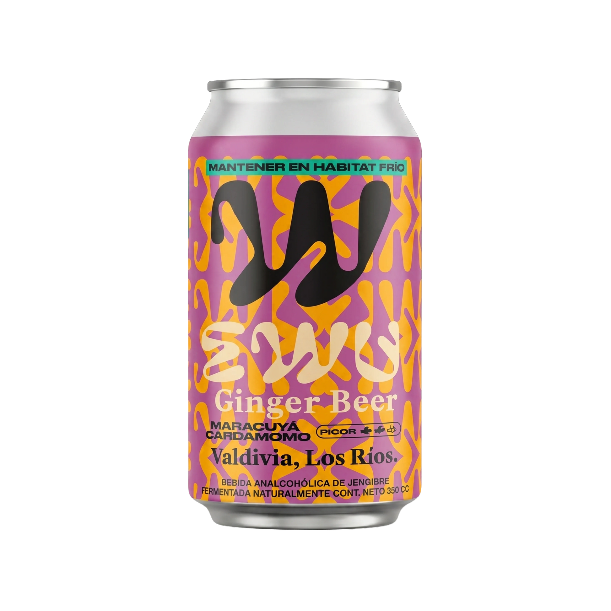 Lata de EWU Ginger Beer sabor Maracuyá Cardamomo, 350 cc, elaborada en Valdivia