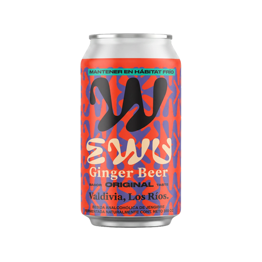 Lata de EWU Ginger Beer sabor Original, 350 cc, elaborada en Valdivia